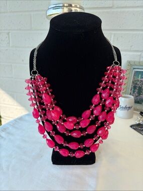 Multi-Strand Hot Pink Statement Necklace - Women Jewelry